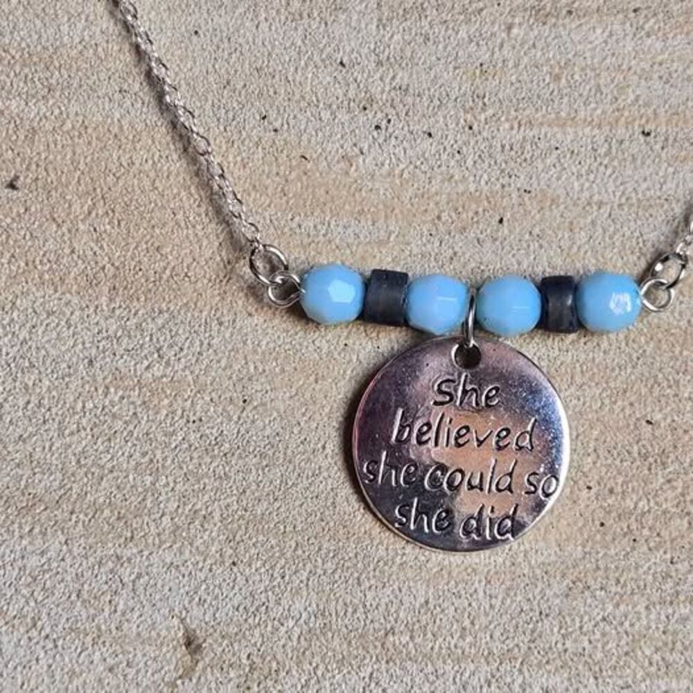 She Believed She Could So She Did Charm Necklace Blue Beaded Inspirational Gift